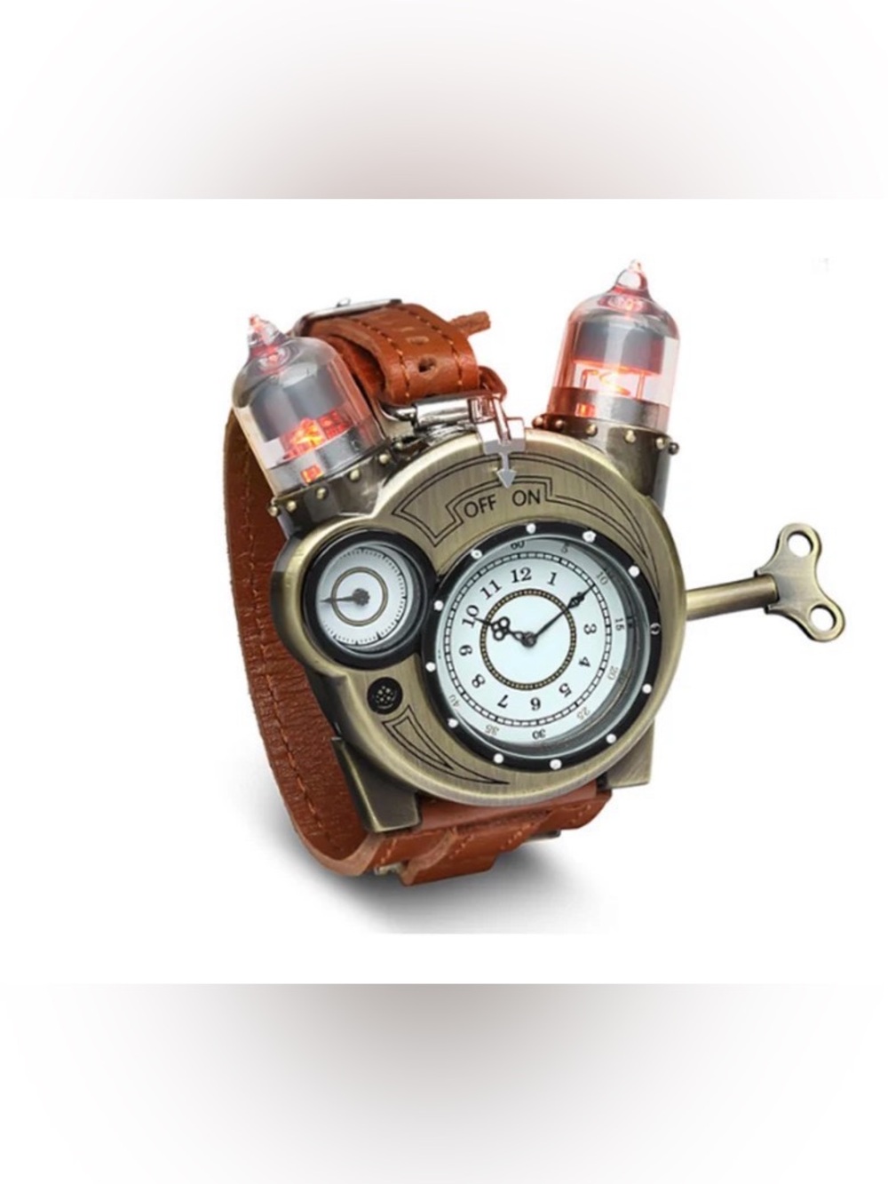 ThinkGeek Steampunk Tesla Analog Watch Leather Strap W/ Key Stainless Steel Case